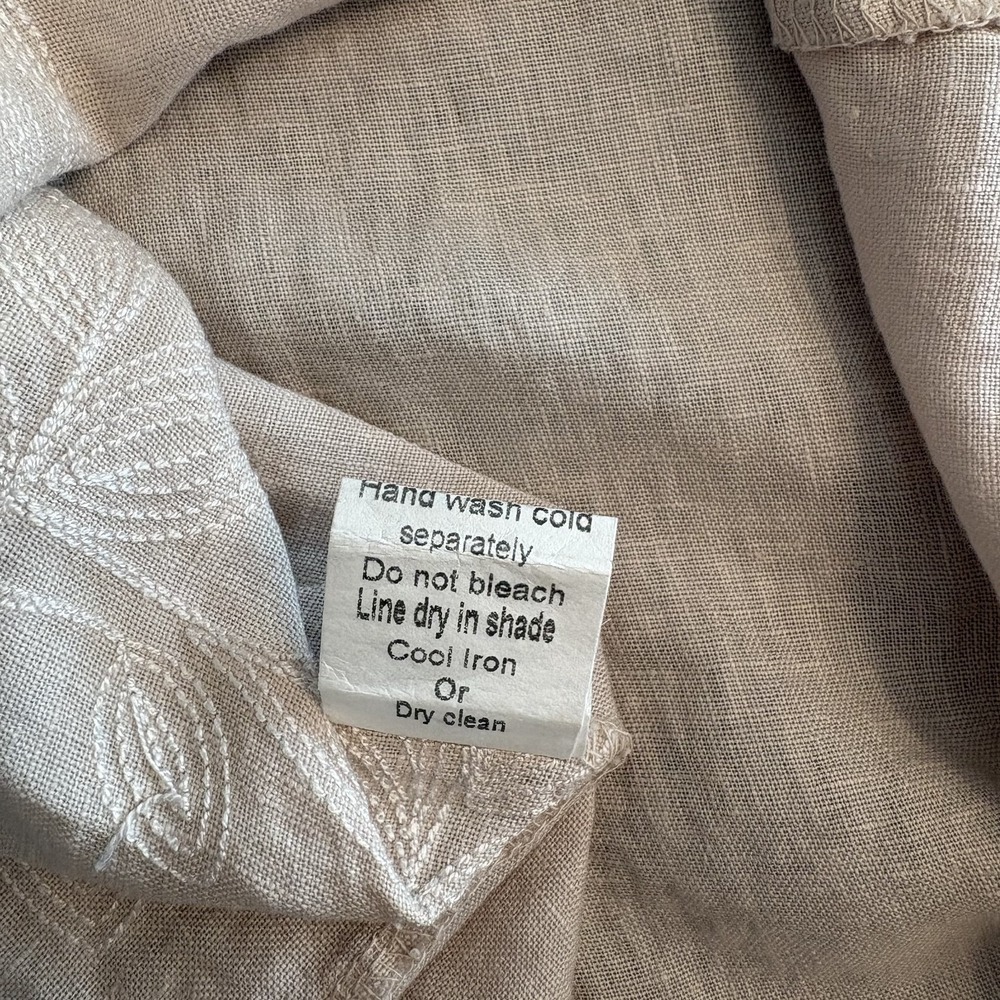 100% Linen Floral Embroidered Flutter Sleeve Top Beige S Lagenlook Artsy Coastal - Picture 7 of 9